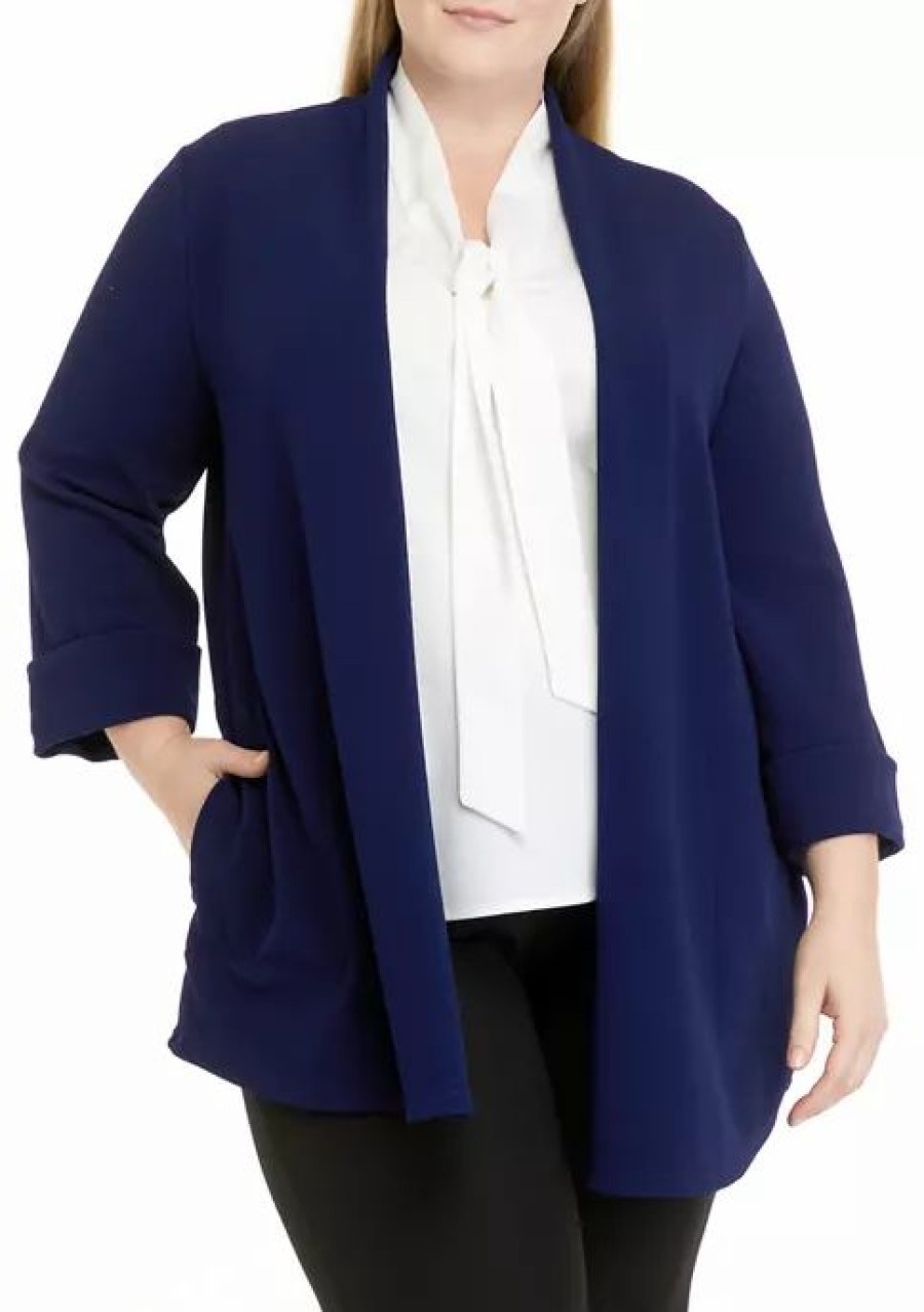 Women * | New Kasper Plus Size 3/4 Roll Sleeve Open Front Jacket With Front Pockets Kasper Navy