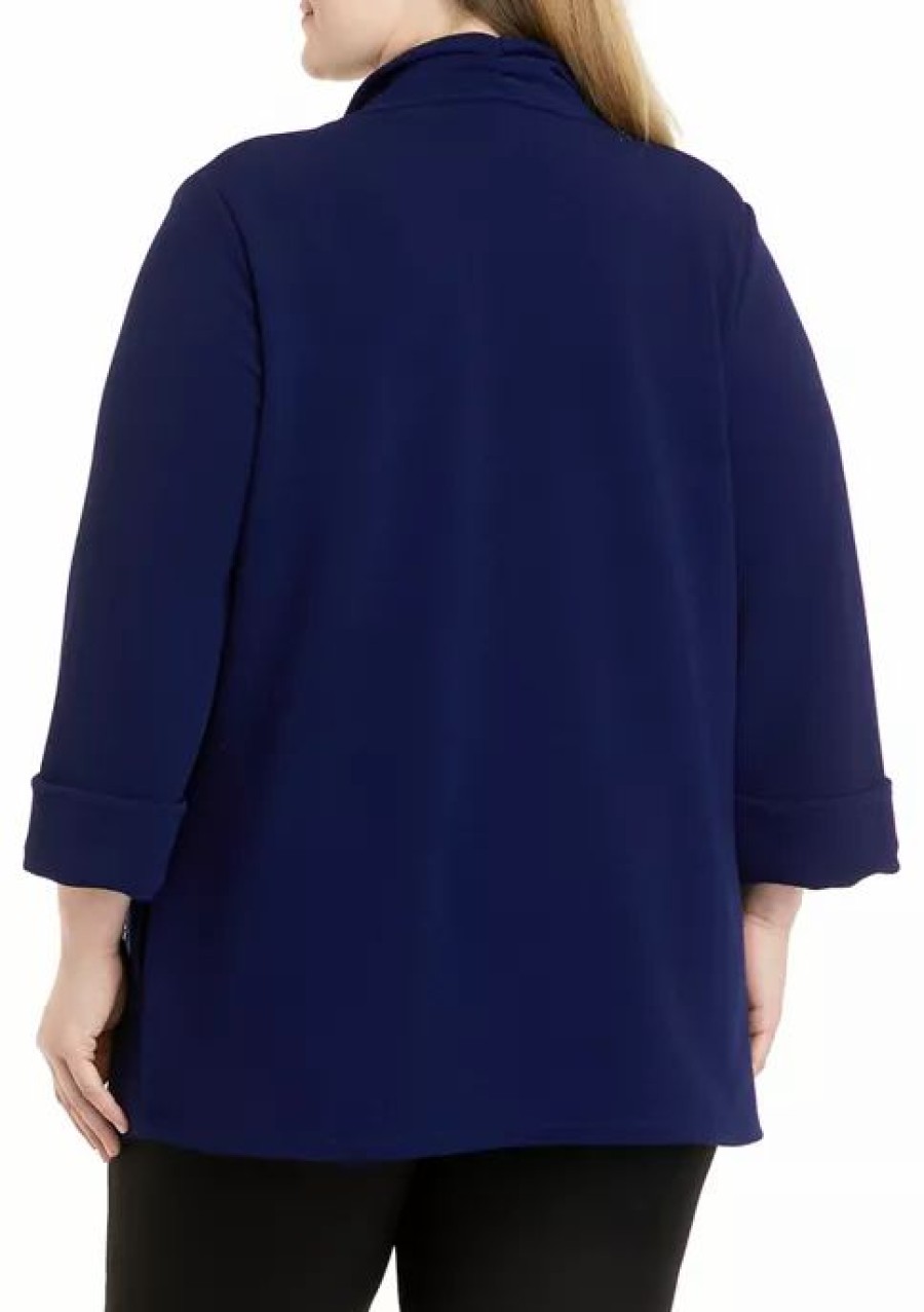 Women * | New Kasper Plus Size 3/4 Roll Sleeve Open Front Jacket With Front Pockets Kasper Navy