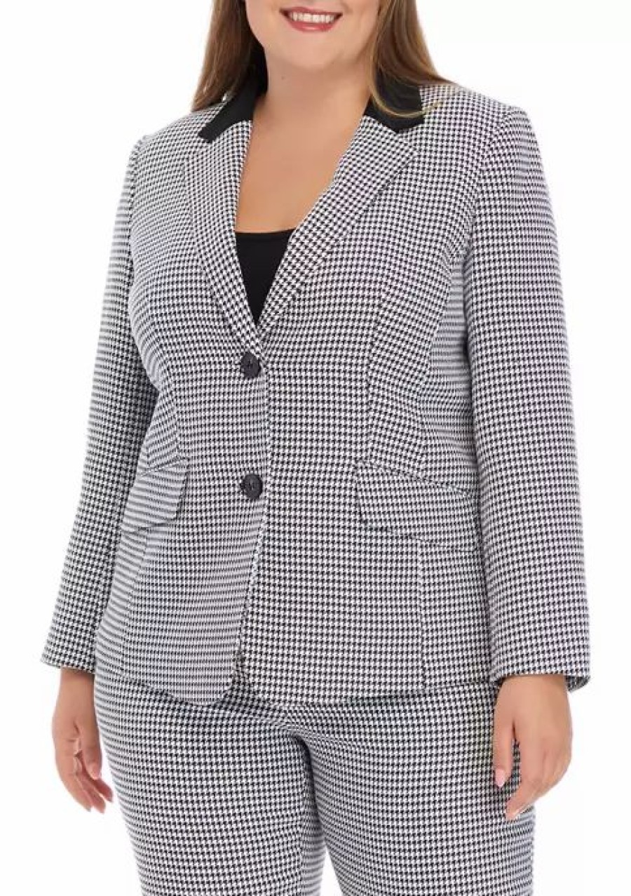 Women * | Flash Sale Kasper Plus Size Long Sleeve Two Button Notch Collar Houndstooth Blazer Black/White