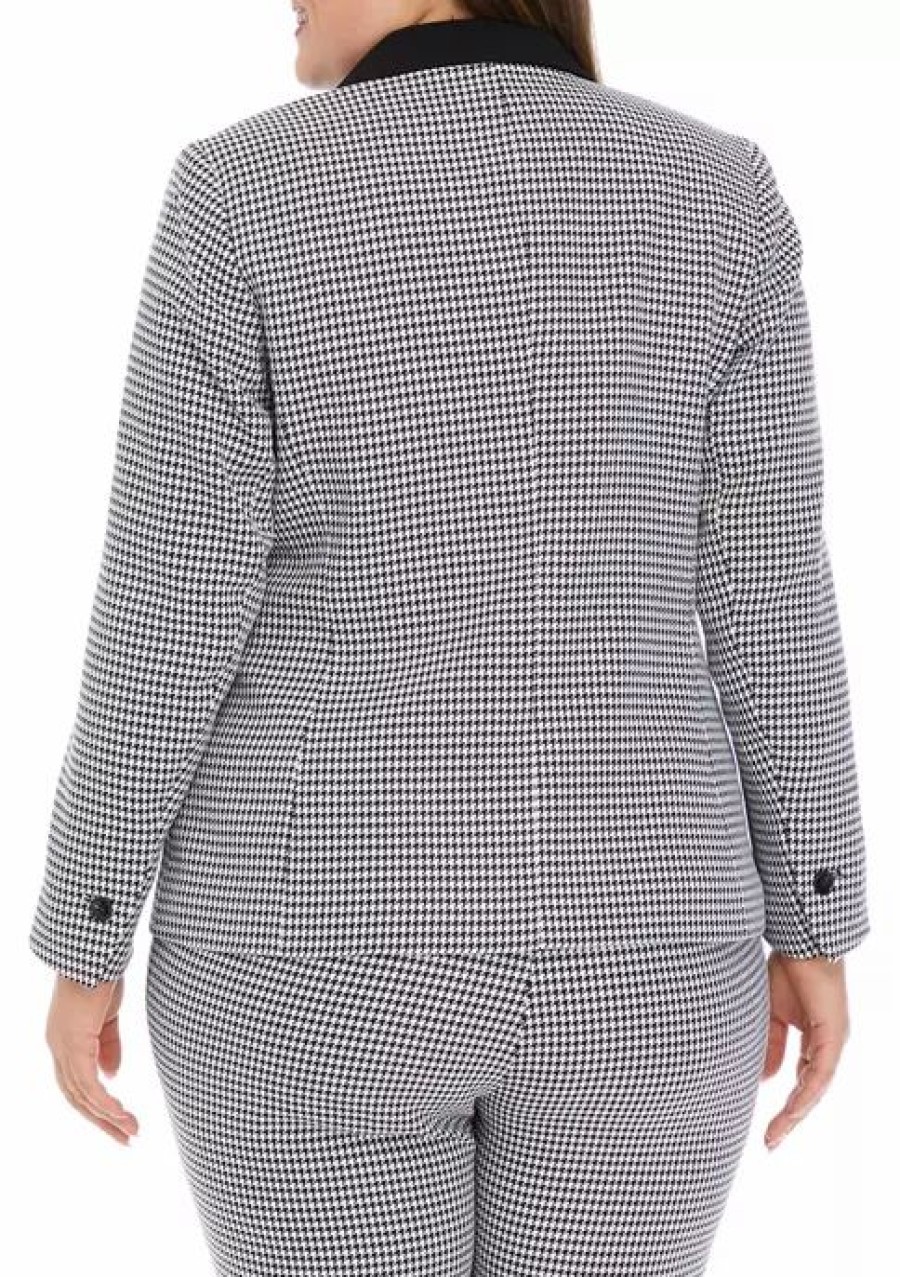 Women * | Flash Sale Kasper Plus Size Long Sleeve Two Button Notch Collar Houndstooth Blazer Black/White