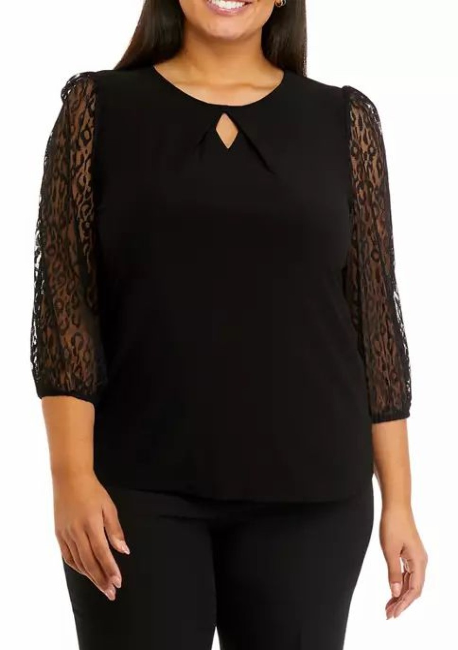 Women * | Budget Kasper Plus Size 3/4 Sleeve Lace Top Black