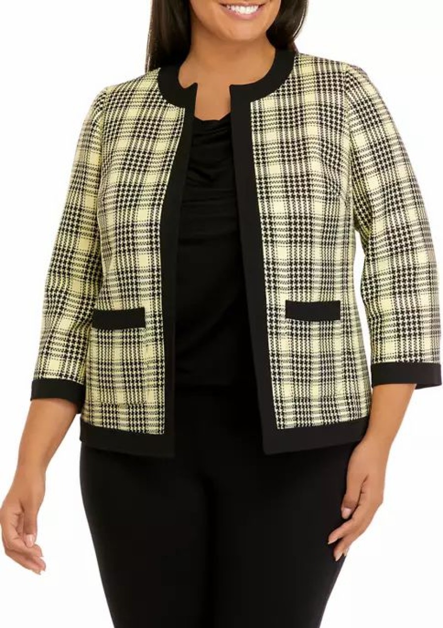 Women * | Cheap Kasper Plus Size 3/4 Sleeve Tweed Open Front Jacket Pale Yellow Multi