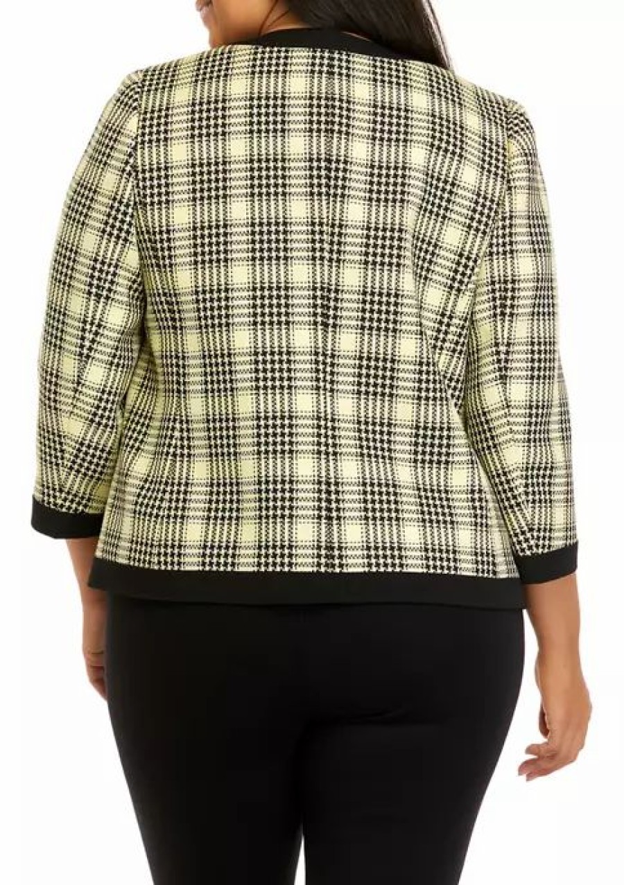 Women * | Cheap Kasper Plus Size 3/4 Sleeve Tweed Open Front Jacket Pale Yellow Multi