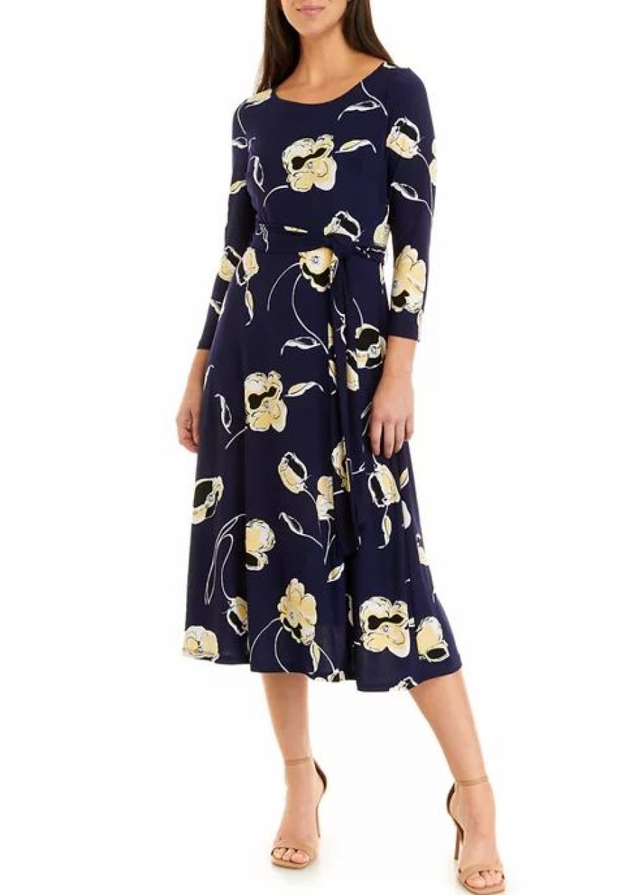 Women * | Outlet Kasper Women'S 3/4 Sleeve Floral Printed Fit And Flare Dress Kasper Navy Multi