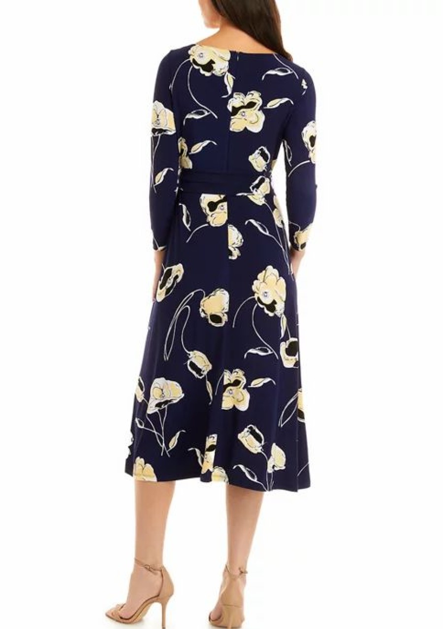 Women * | Outlet Kasper Women'S 3/4 Sleeve Floral Printed Fit And Flare Dress Kasper Navy Multi