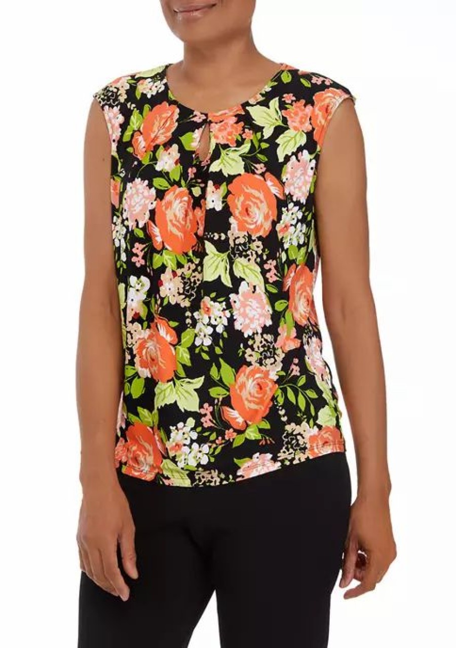 Women * | Best Reviews Of Kasper Women'S Keyhole Cap Sleeve Printed Blouse Black/Papaya Combo