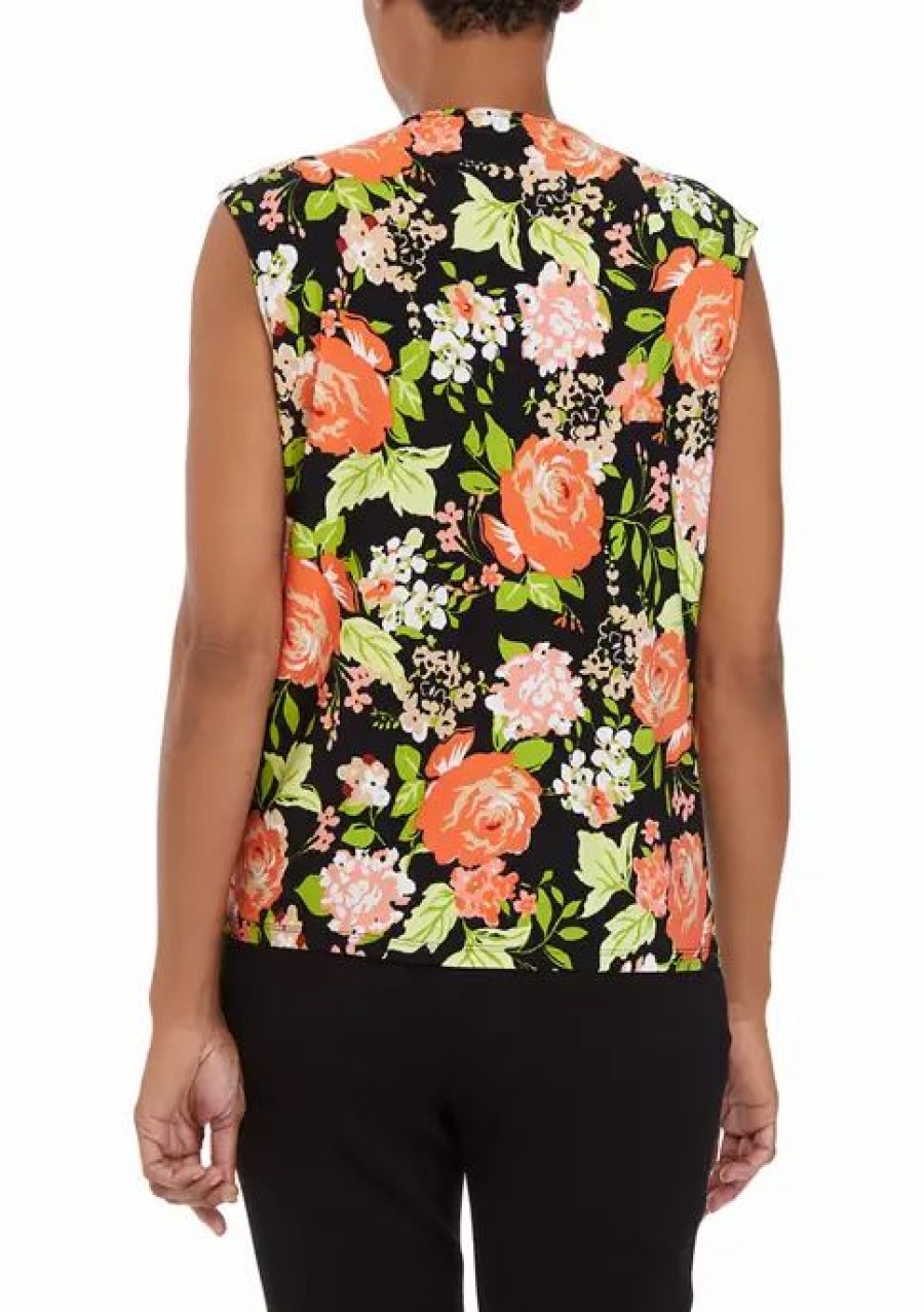 Women * | Best Reviews Of Kasper Women'S Keyhole Cap Sleeve Printed Blouse Black/Papaya Combo