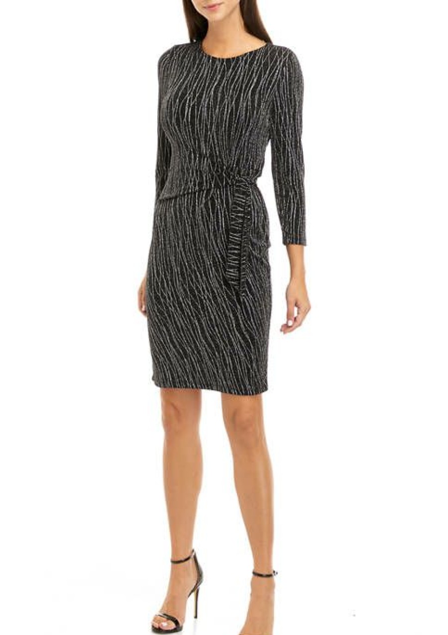 Women * | Budget Kasper Women'S Silver Abstract Lines Metallic Faux Wrap Dress Black/Silver