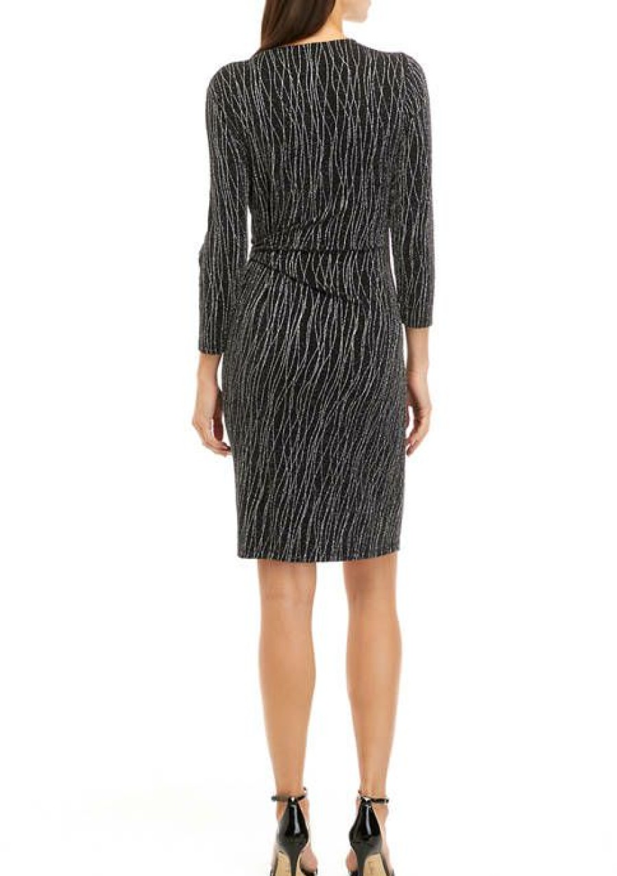 Women * | Budget Kasper Women'S Silver Abstract Lines Metallic Faux Wrap Dress Black/Silver