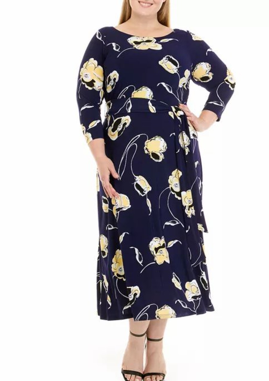 Women * | Best Pirce Kasper Women'S 3/4 Sleeve Floral Printed Fit And Flare Dress Kasper Navy Multi