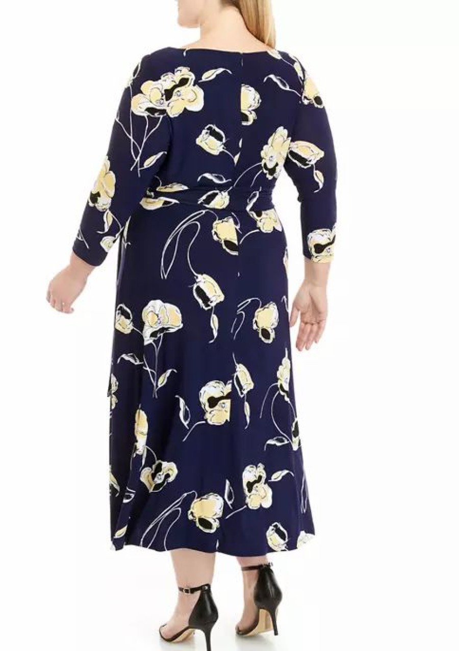 Women * | Best Pirce Kasper Women'S 3/4 Sleeve Floral Printed Fit And Flare Dress Kasper Navy Multi