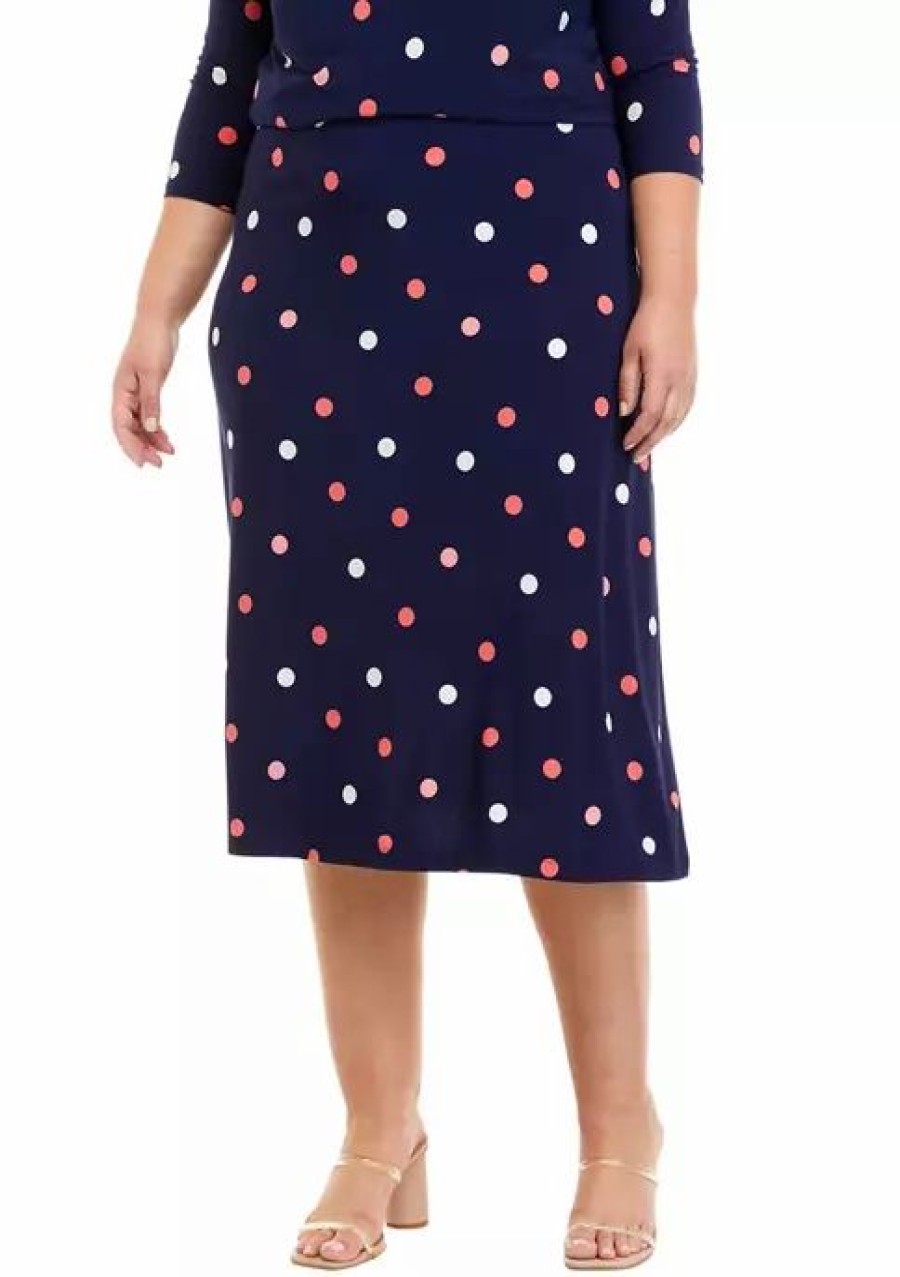 Women * | Best Reviews Of Kasper Plus Size Pull On Printed Polka Dot Midi Skirt Kasper Navy Combo