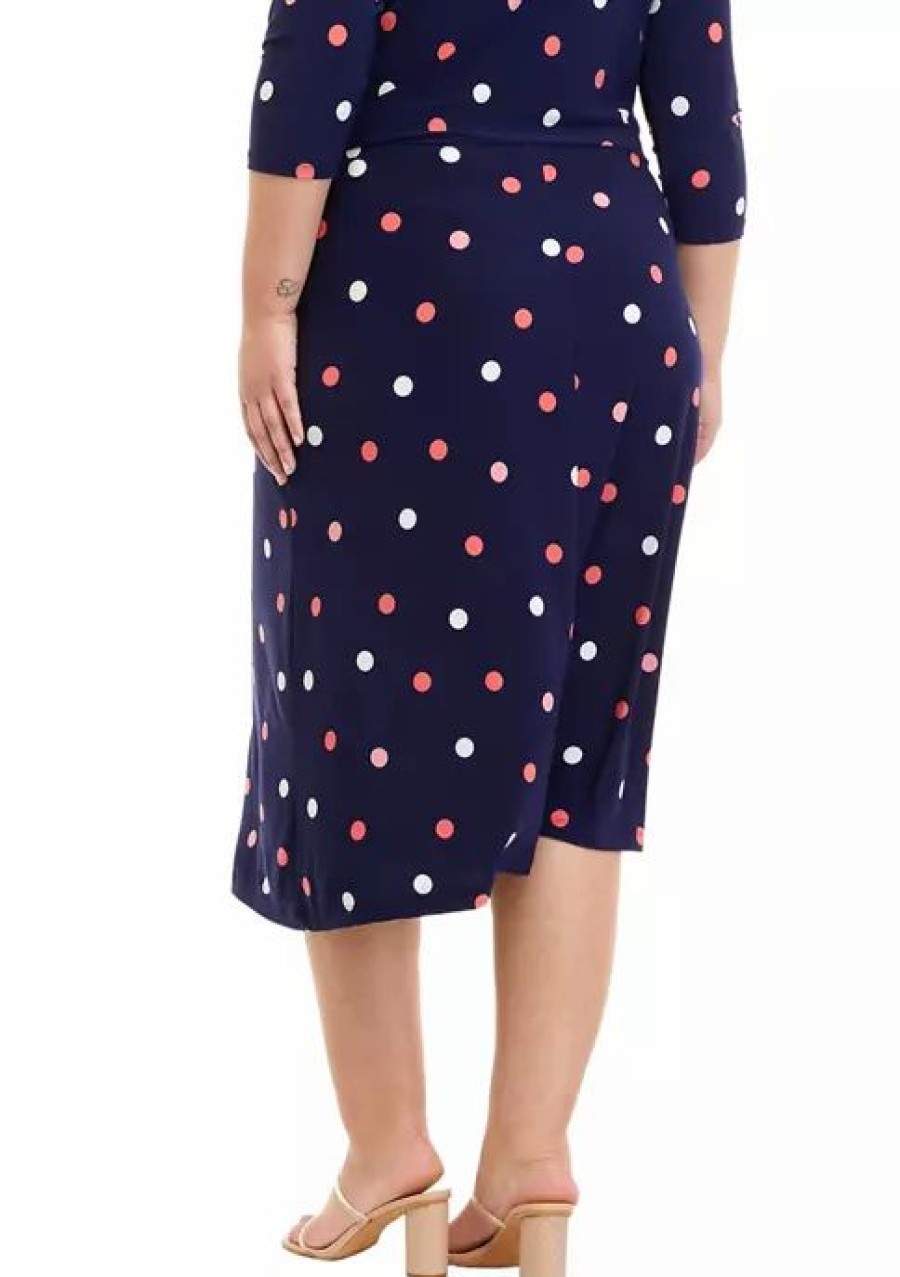 Women * | Best Reviews Of Kasper Plus Size Pull On Printed Polka Dot Midi Skirt Kasper Navy Combo