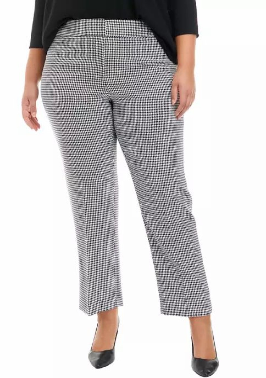 Women * | Best Deal Kasper Plus Size Slim Houndstooth Pants Black/White