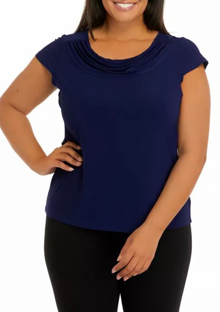 Women * | Flash Sale Kasper Plus Size Cap Sleeve Cowl Neck Solid Top Kasper Navy