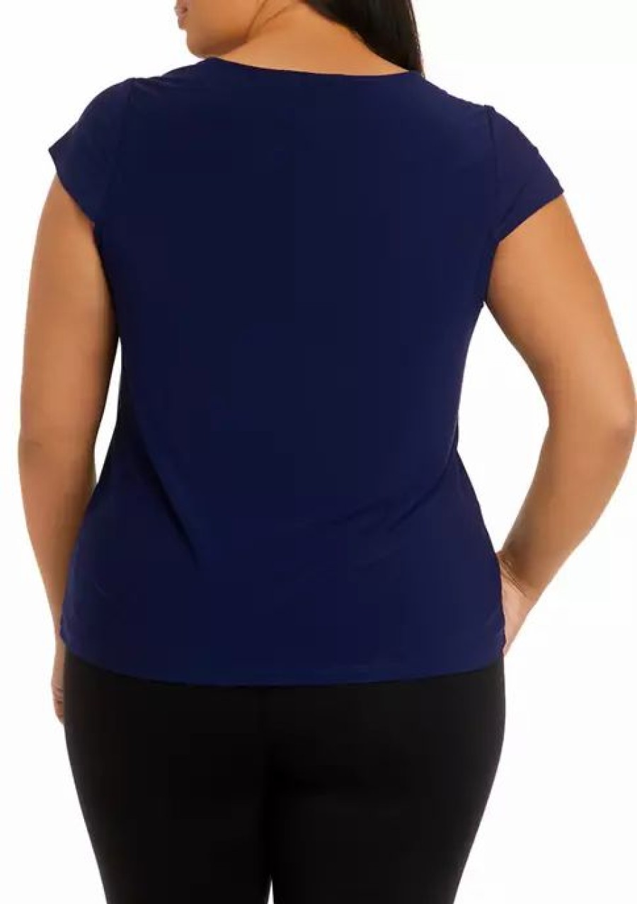 Women * | Flash Sale Kasper Plus Size Cap Sleeve Cowl Neck Solid Top Kasper Navy