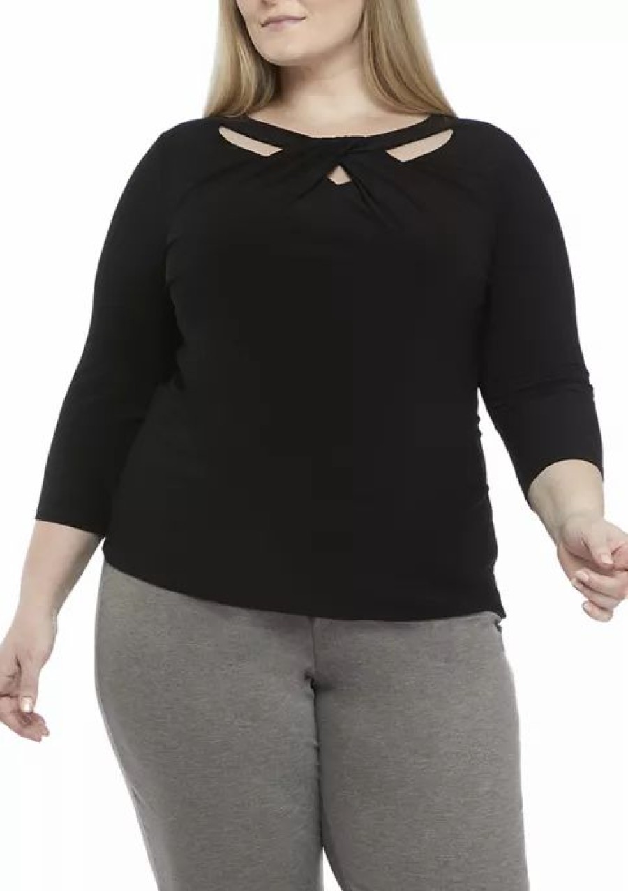 Women * | Brand New Kasper Plus Size 3/4 Sleeve Twisted Round Neck Top Black