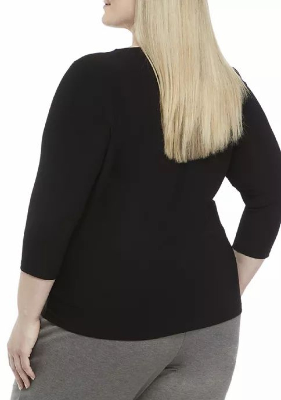 Women * | Brand New Kasper Plus Size 3/4 Sleeve Twisted Round Neck Top Black