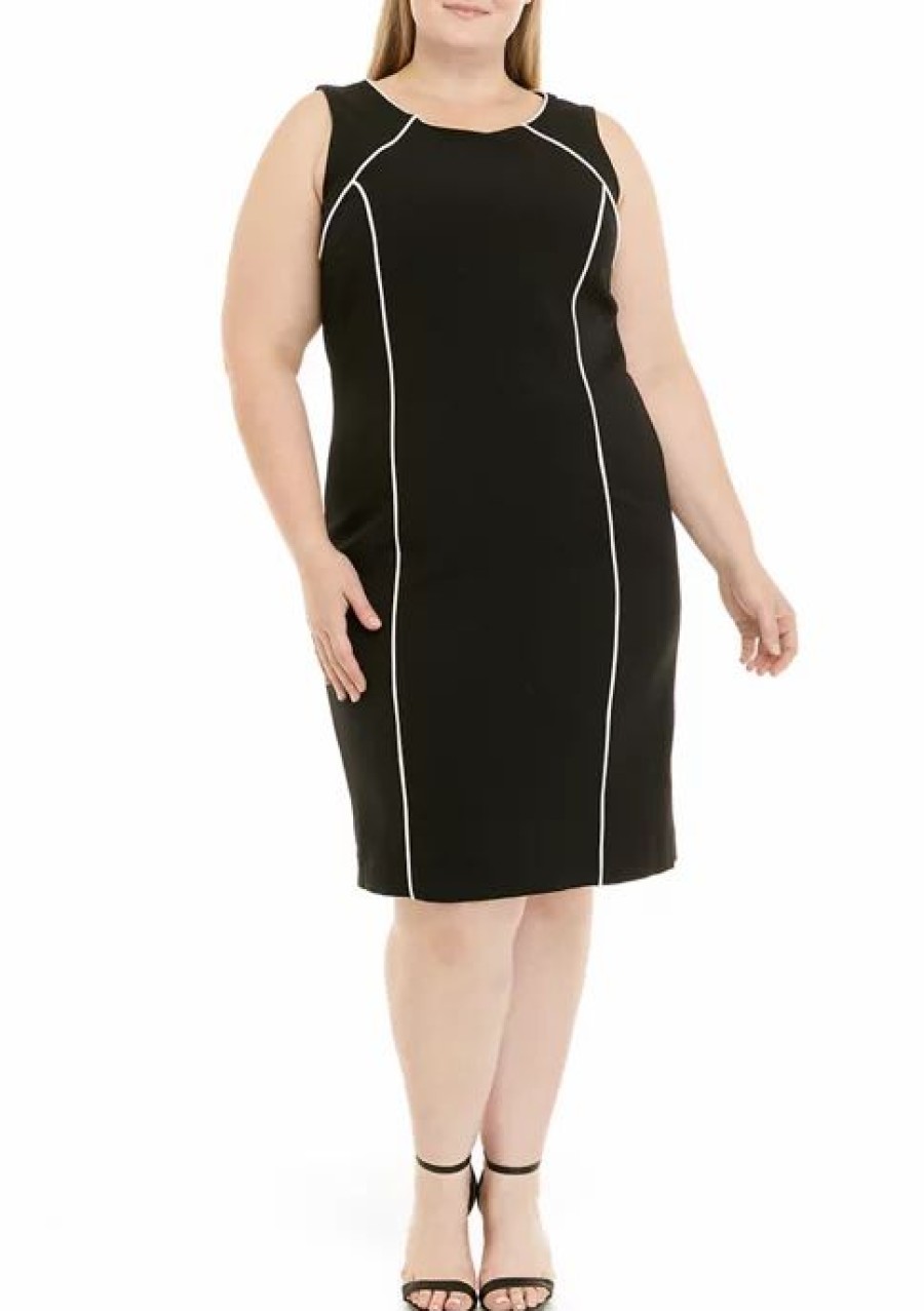 Women * | Deals Kasper Plus Size Sleeveless Piped Contrast Crepe Sheath Dress Black/Vanilla Ice