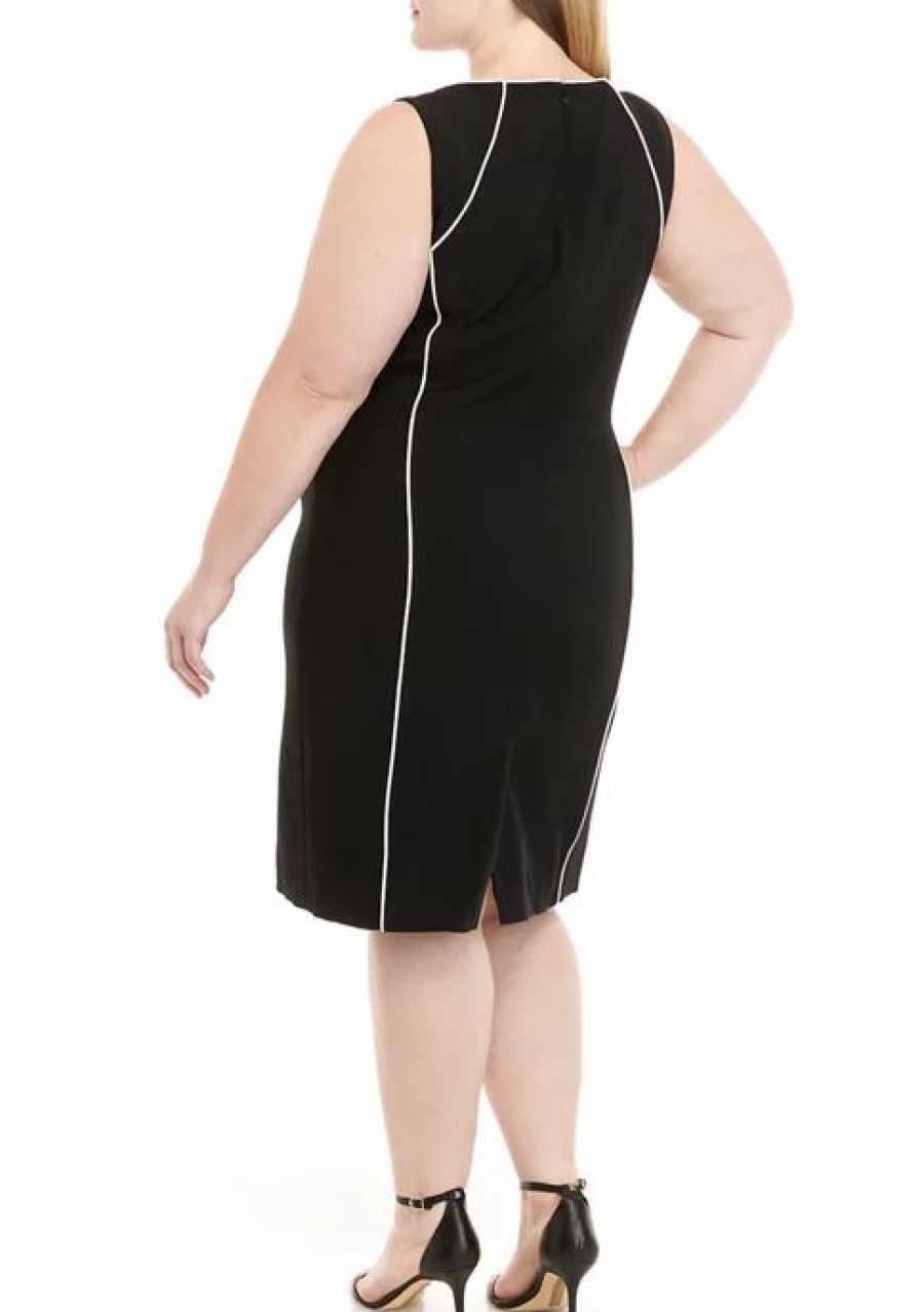 Women * | Deals Kasper Plus Size Sleeveless Piped Contrast Crepe Sheath Dress Black/Vanilla Ice