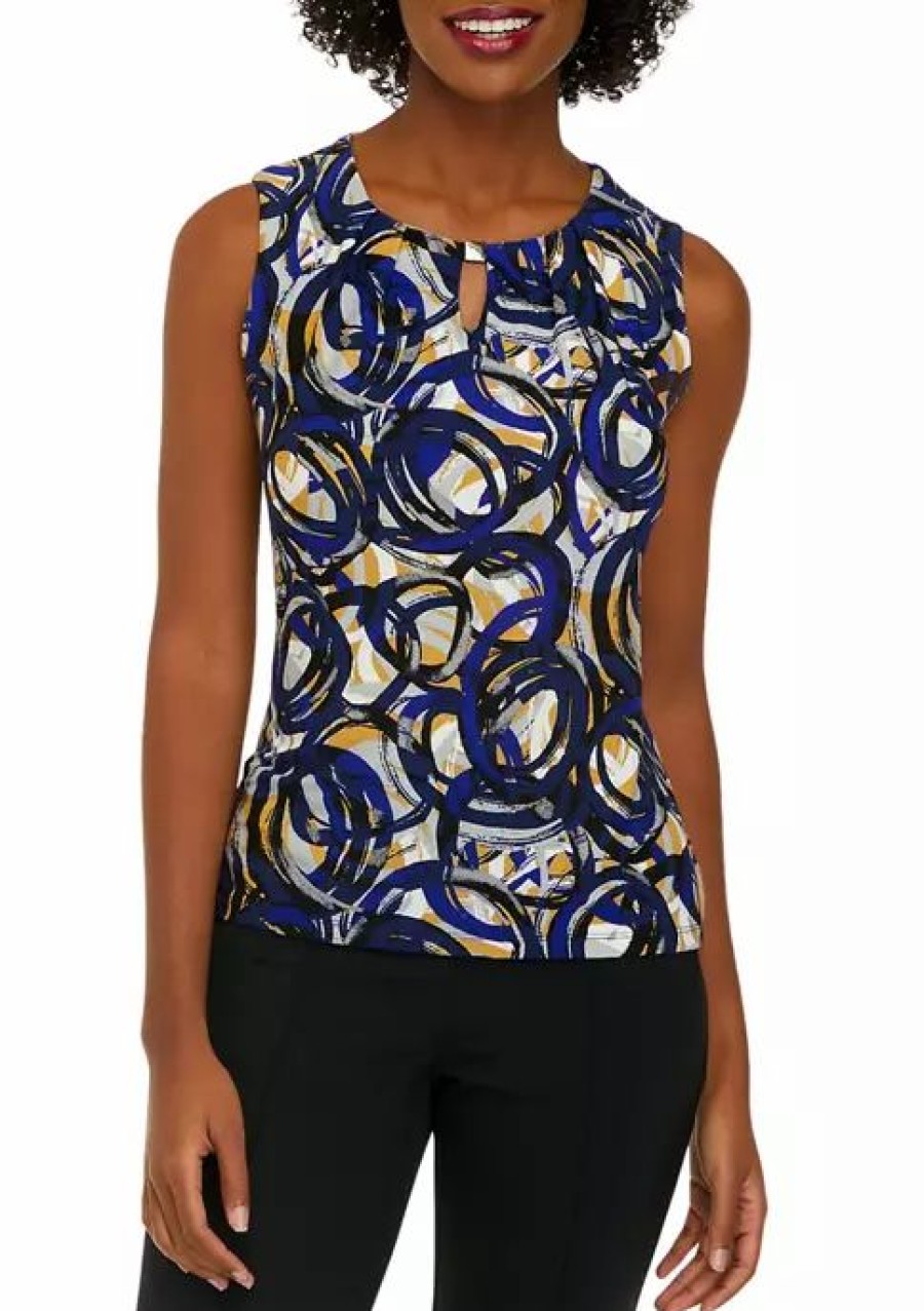 Women * | Deals Kasper Women'S Sleeveless Keyhole Circle Print Top R. Blu/Marigld Multi