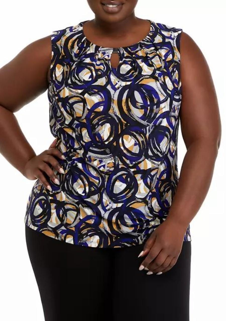 Women * | Cheap Kasper Plus Size Circle Print Keyhole Top Royal Blue/Marigold