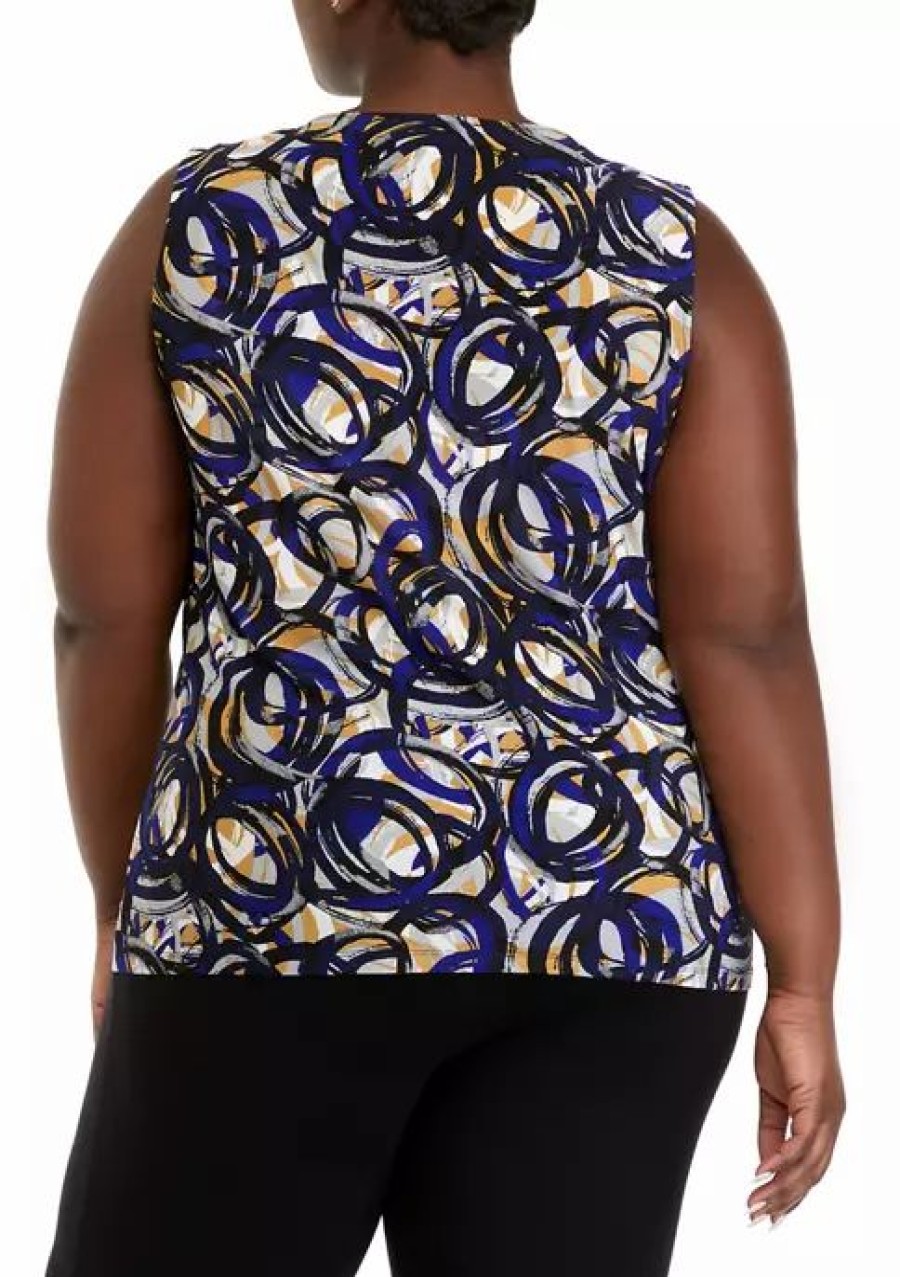 Women * | Cheap Kasper Plus Size Circle Print Keyhole Top Royal Blue/Marigold