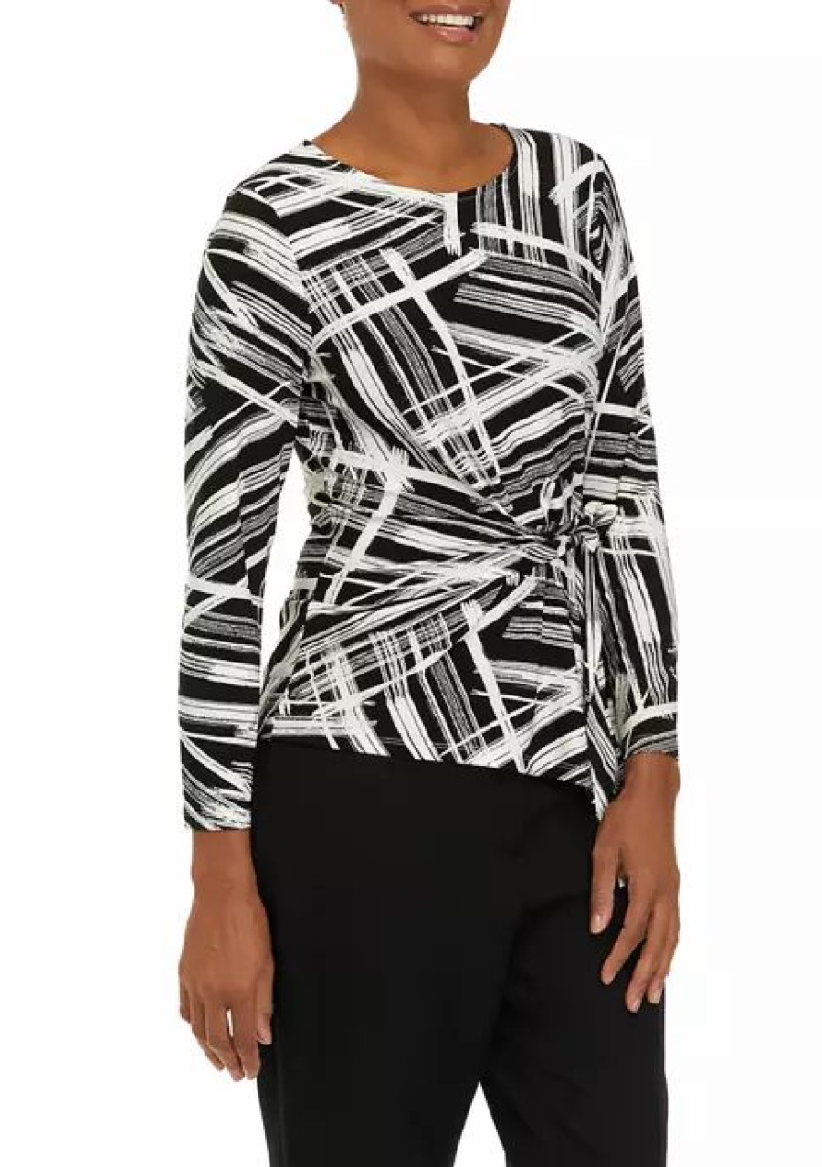 Women * | Discount Kasper Women'S 3/4 Sleeve Stripe Print Side Knot Top Black/Vanilla Ice