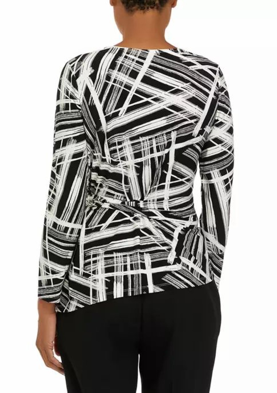 Women * | Discount Kasper Women'S 3/4 Sleeve Stripe Print Side Knot Top Black/Vanilla Ice