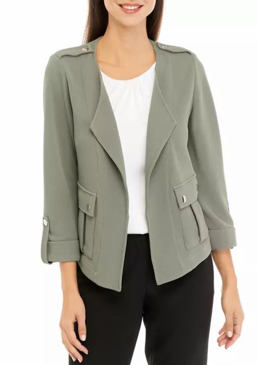 Women * | Buy Kasper Women'S 3/4 Sleeve Wing Collar Crosshatch Jacket Sea Stone