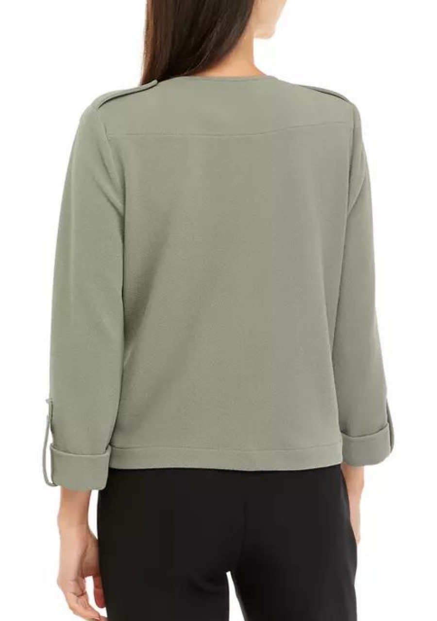 Women * | Buy Kasper Women'S 3/4 Sleeve Wing Collar Crosshatch Jacket Sea Stone