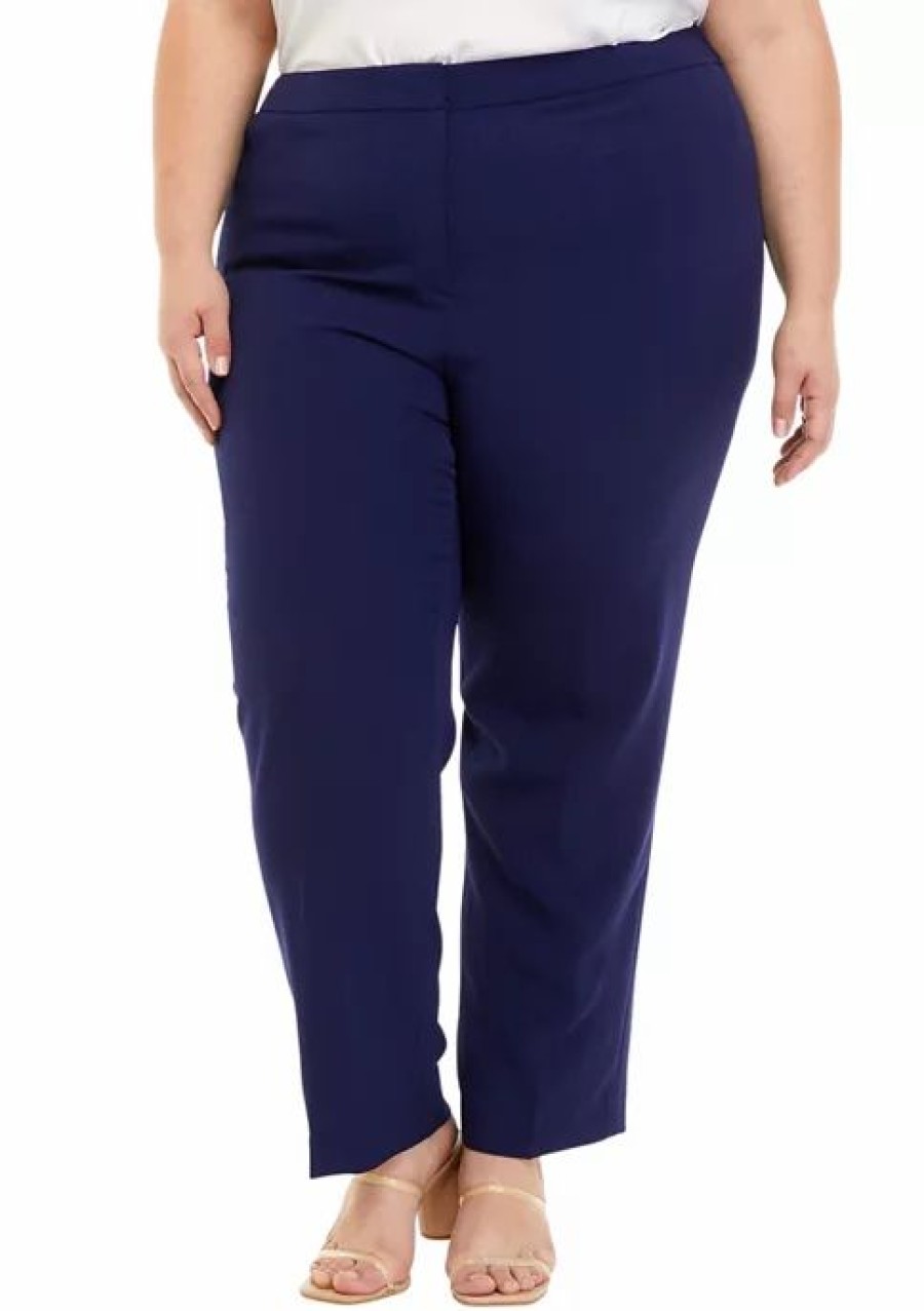 Women * | Top 10 Kasper Plus Size Elastic Back Trouser Pants Kasper Navy