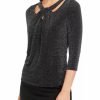 Women * | Brand New Kasper Women'S 3/4 Sleeve Cut Out Neck Glitter Knit Top Black/Silver