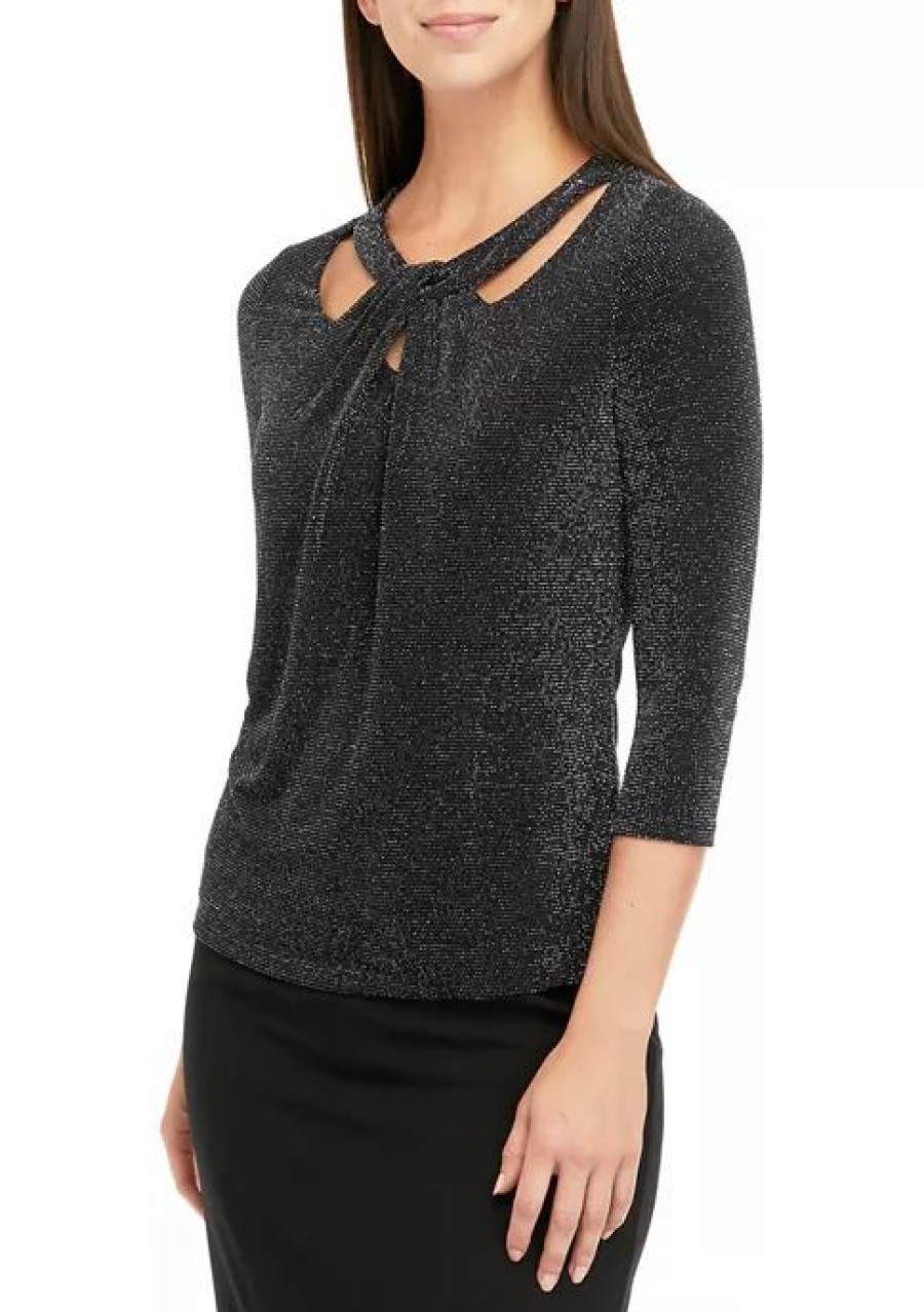 Women * | Brand New Kasper Women'S 3/4 Sleeve Cut Out Neck Glitter Knit Top Black/Silver