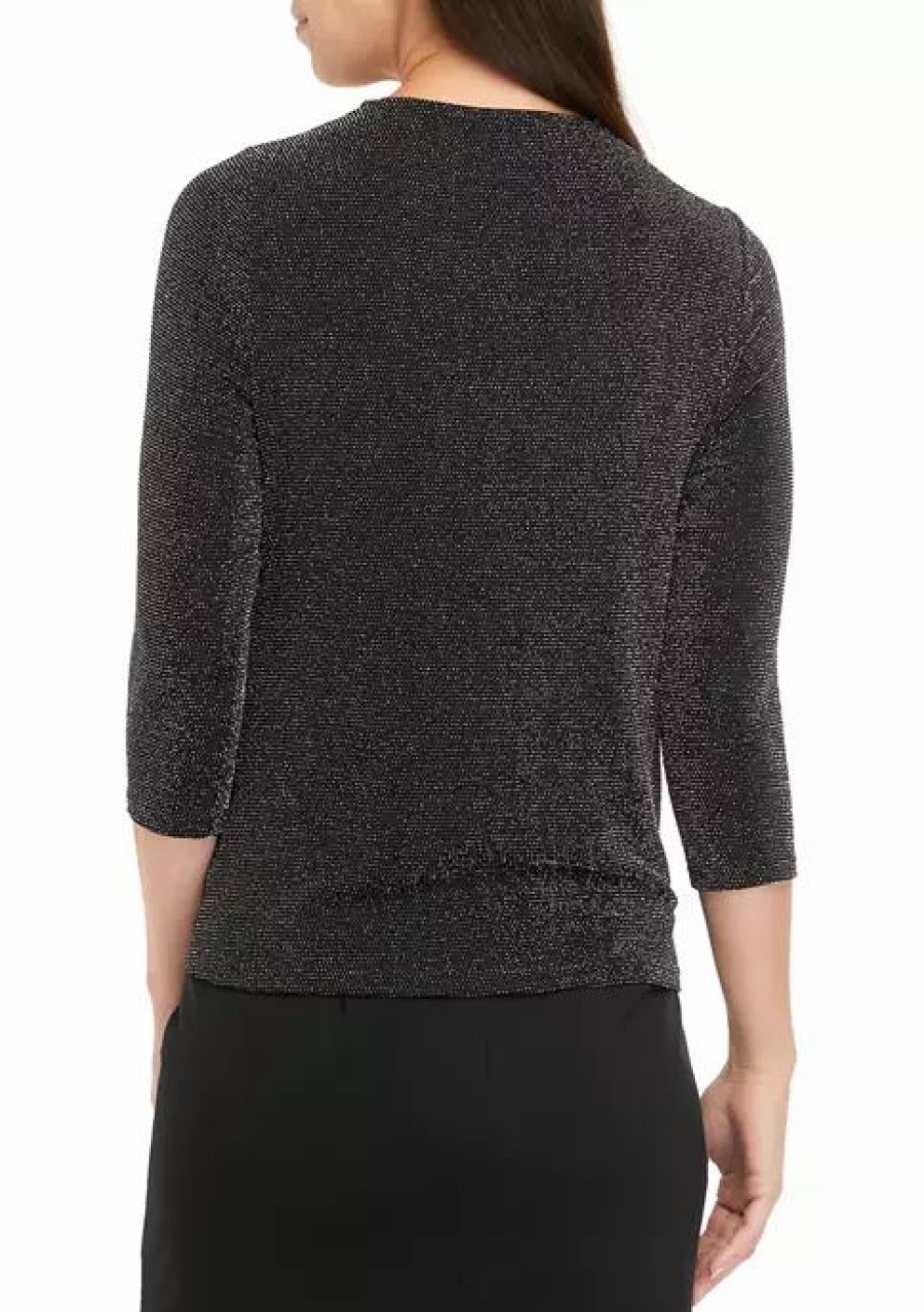 Women * | Brand New Kasper Women'S 3/4 Sleeve Cut Out Neck Glitter Knit Top Black/Silver