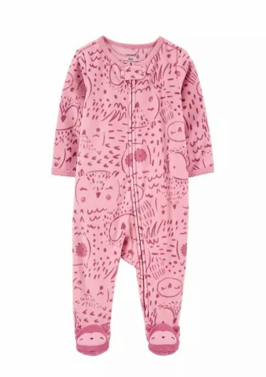 Kids * | Wholesale Carter'S Baby Girls Owl Zip Up Fleece Sleep & Play One Piece Pink