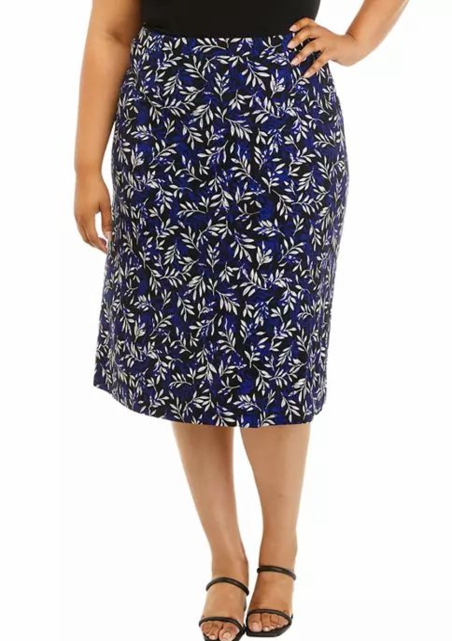 Women * | Wholesale Kasper Plus Size Leaf Print Midi Skirt Black/Royal Blue Combo