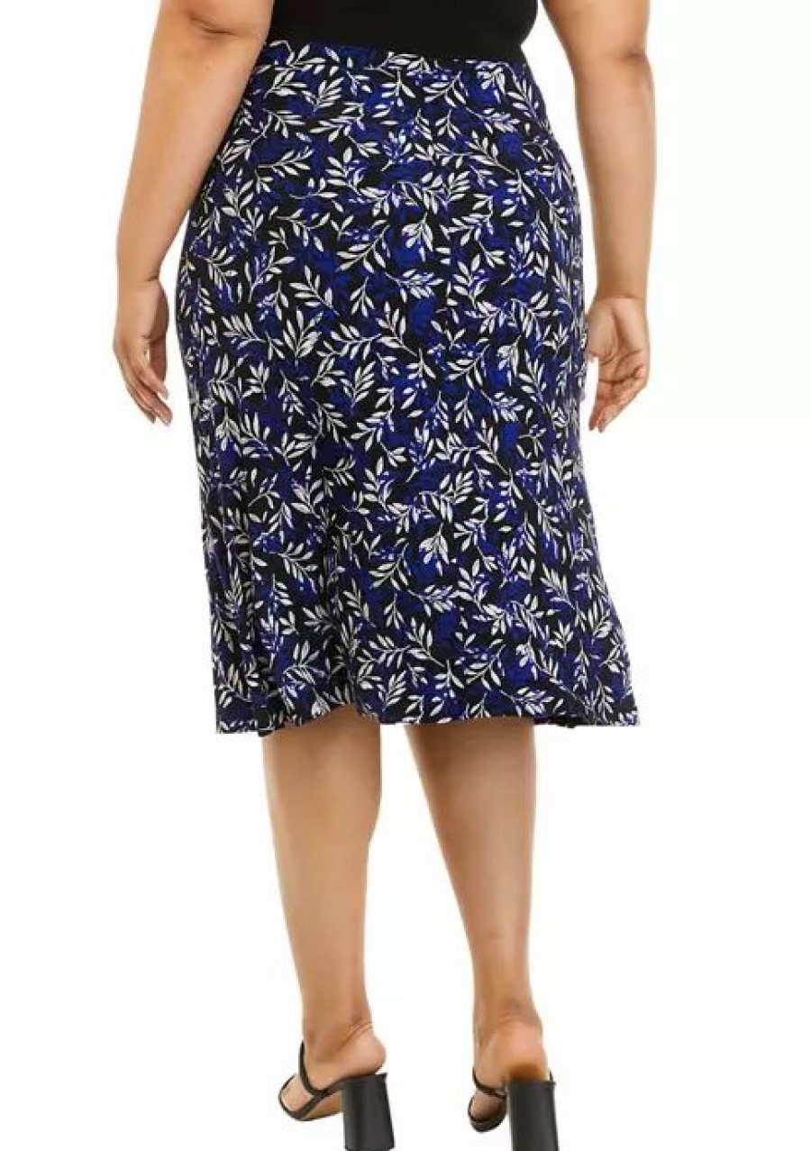 Women * | Wholesale Kasper Plus Size Leaf Print Midi Skirt Black/Royal Blue Combo