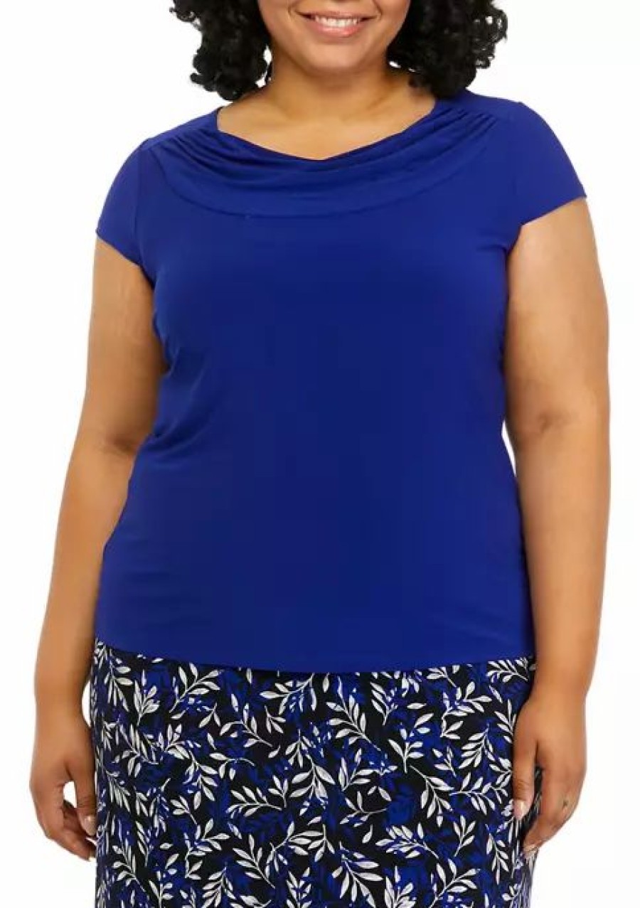 Women * | New Kasper Plus Size Cowl Neck Top Royal Blue