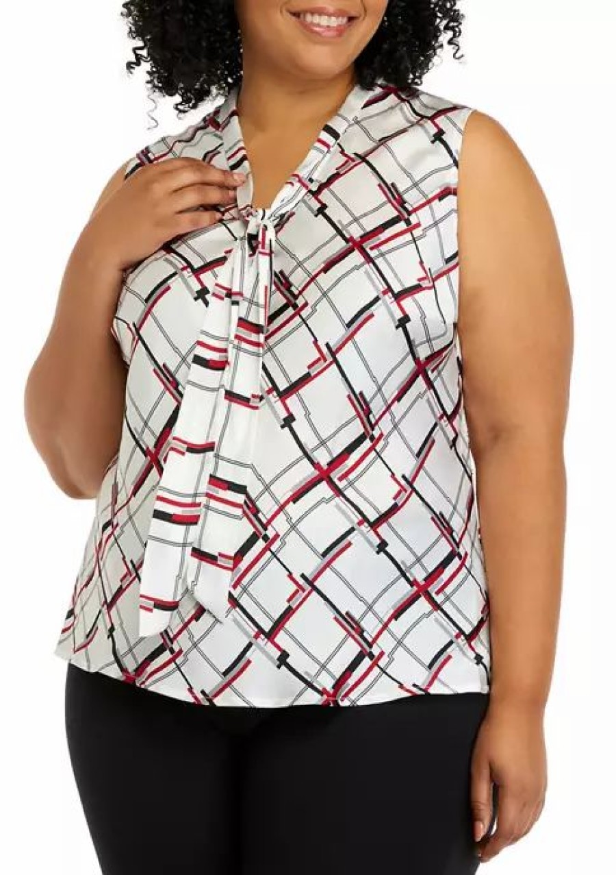 Women * | Budget Kasper Plus Size Sleeveless Tie Front Windowpane Woven Blouse Vanilla Ice Multi