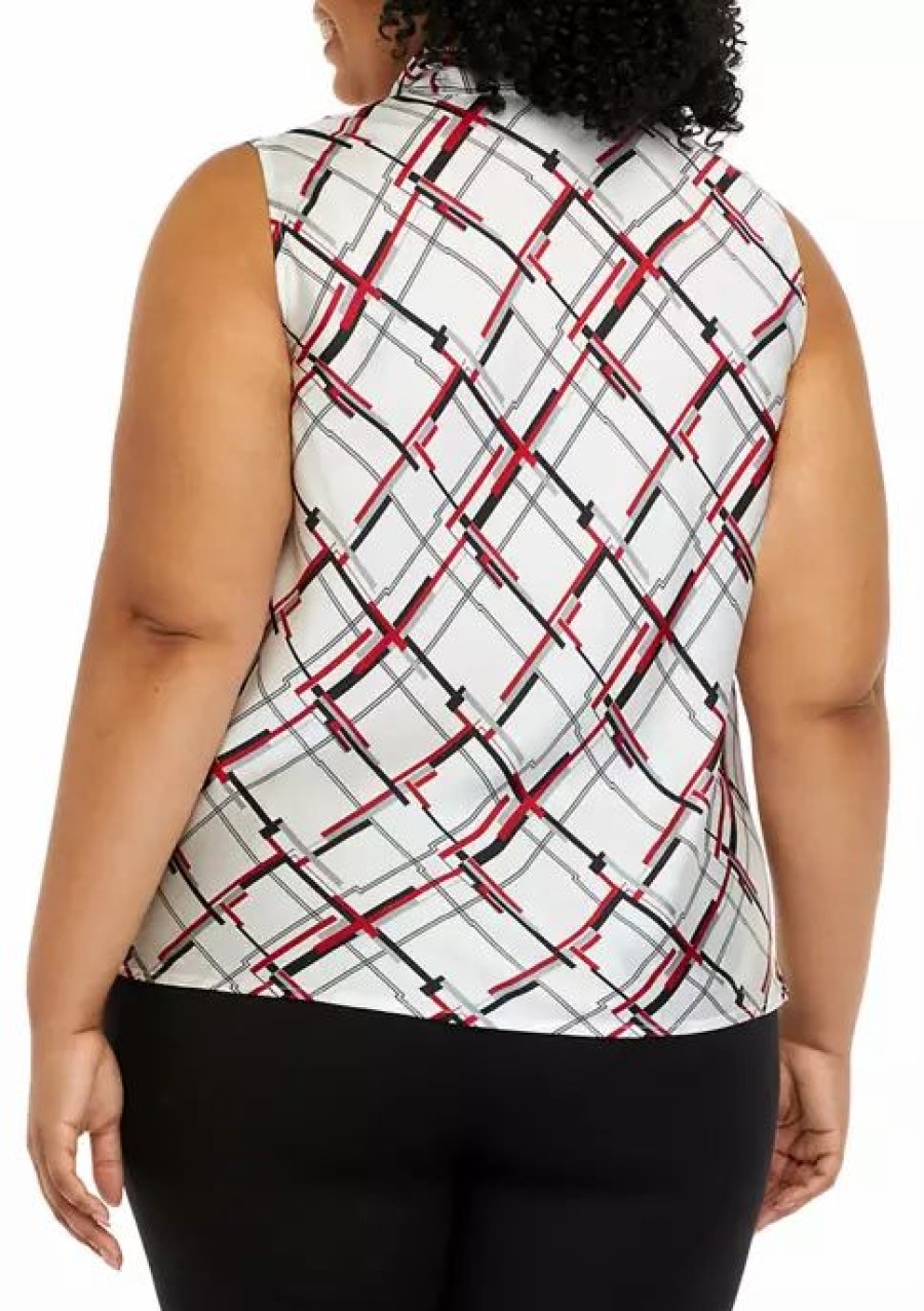 Women * | Budget Kasper Plus Size Sleeveless Tie Front Windowpane Woven Blouse Vanilla Ice Multi