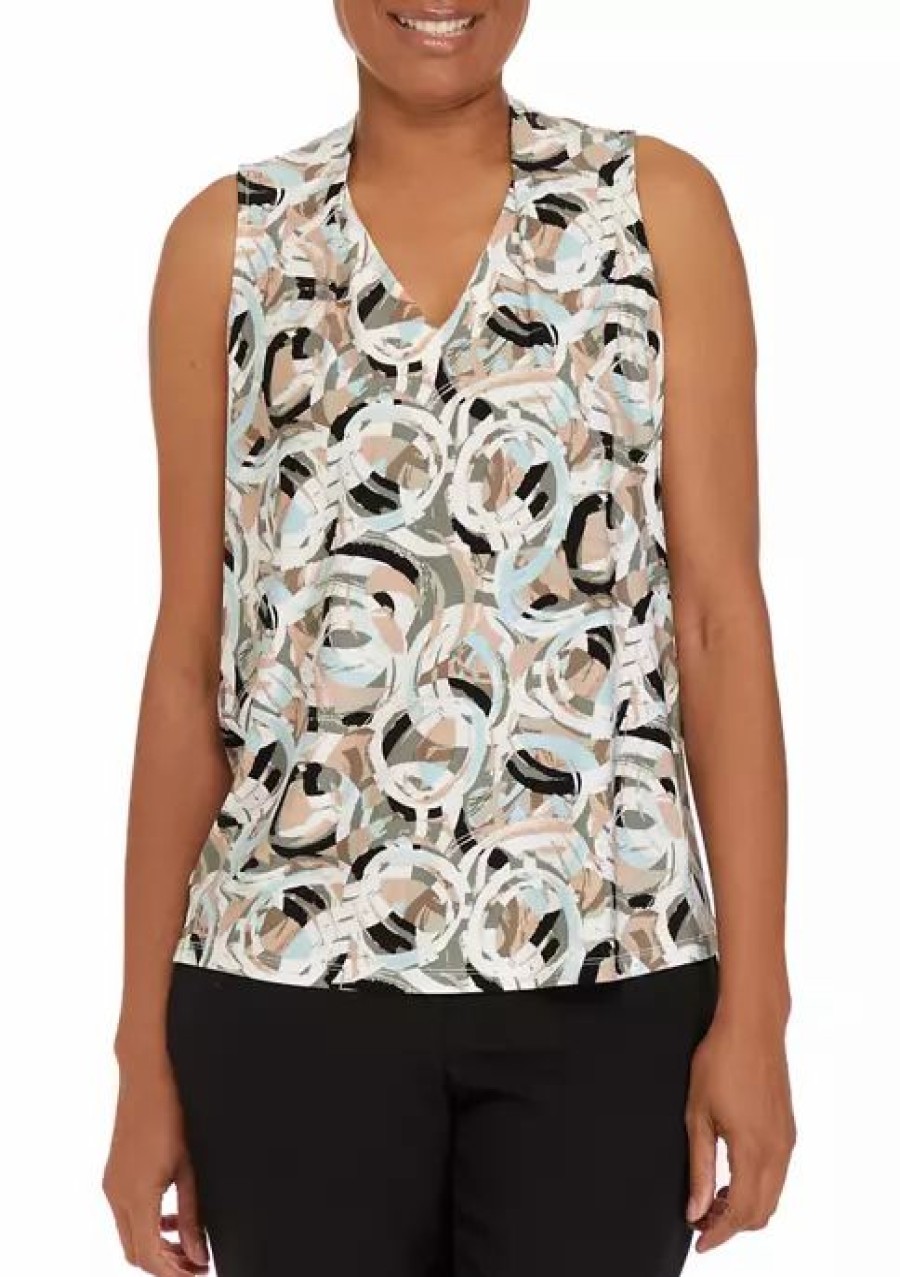 Women * | Best Deal Kasper Women'S Sleeveless Abstract Print Tank Sesame/Sea Glass Combo