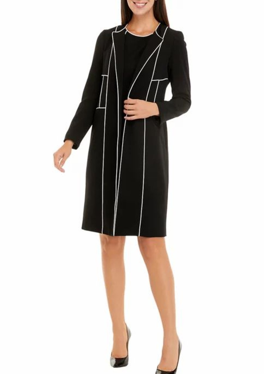 Women * | Buy Kasper Women'S Long Sleeve Piped Contrast Longer Length Open Front Jacket Black/Vanilla Ice