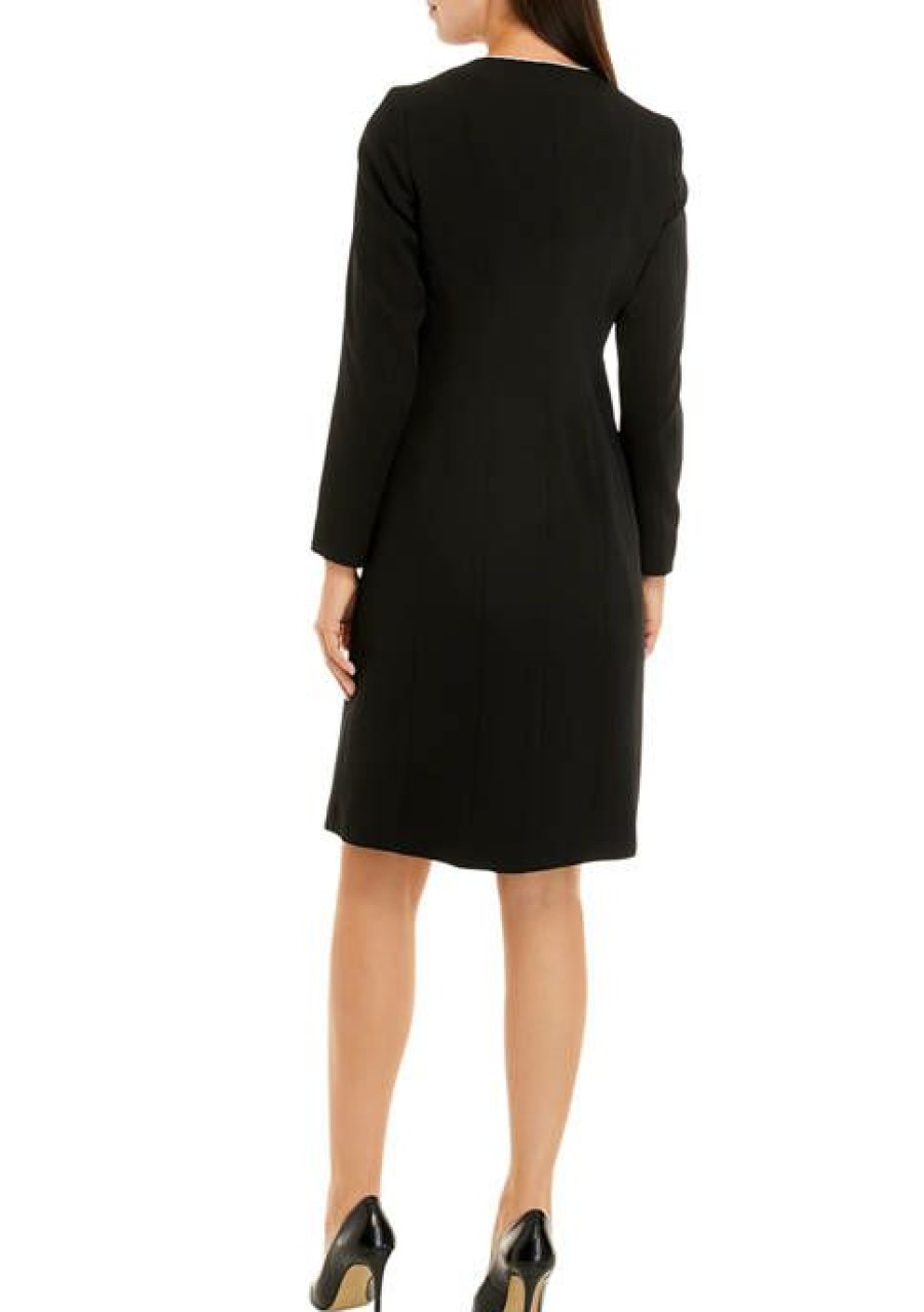 Women * | Buy Kasper Women'S Long Sleeve Piped Contrast Longer Length Open Front Jacket Black/Vanilla Ice