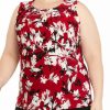 Women * | Deals Kasper Plus Size Fire Red Sleeveless Pleat Neck Floral Printed Top Fire Red/Pebble Cmb