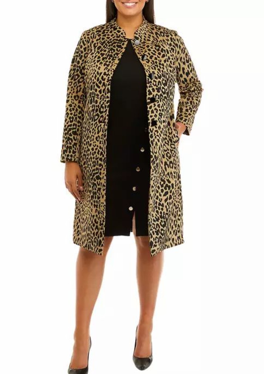 Women * | Budget Kasper Plus Size Long Sleeve Stretch Knit Animal Print Jacket Doe/Black