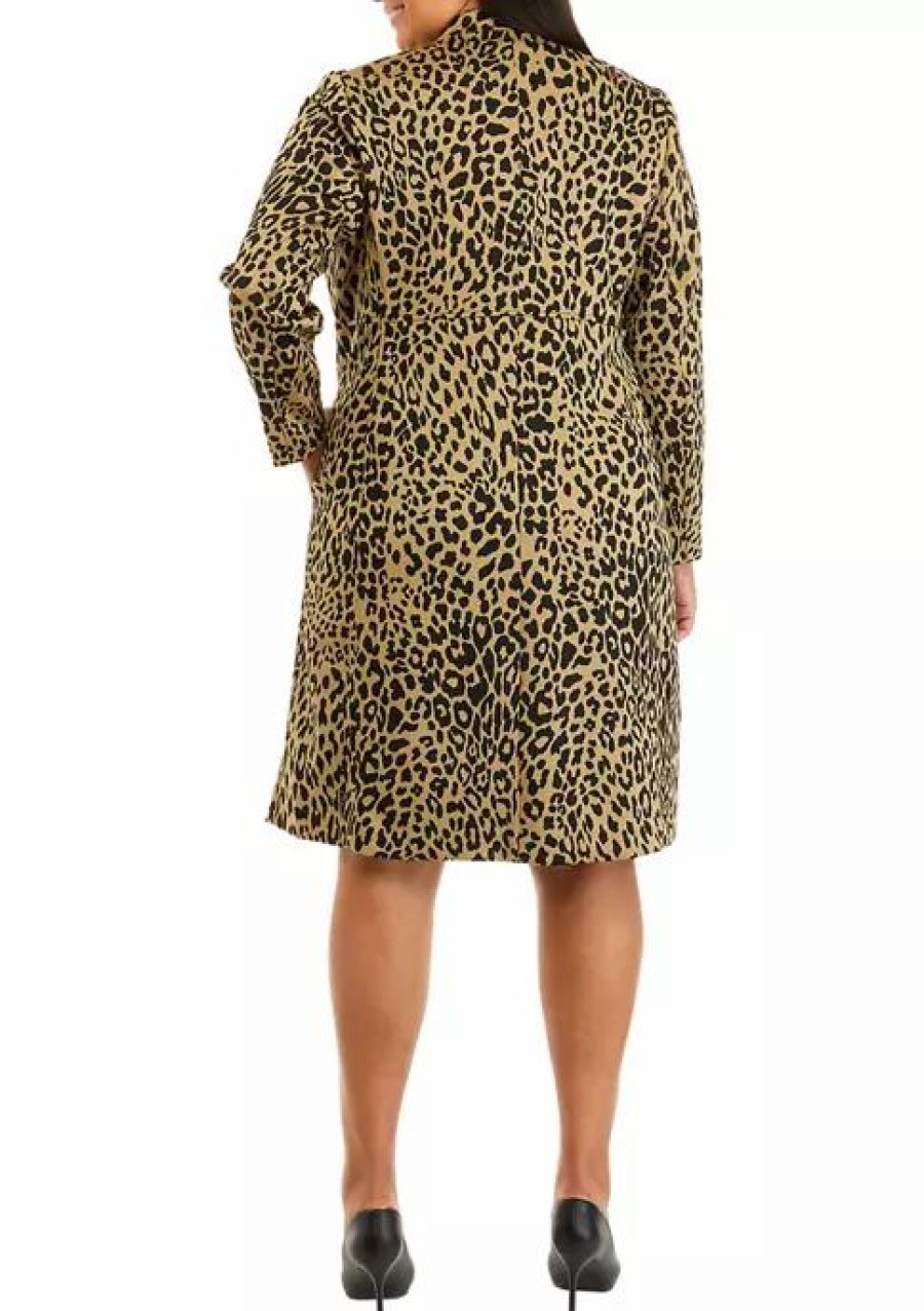 Women * | Budget Kasper Plus Size Long Sleeve Stretch Knit Animal Print Jacket Doe/Black