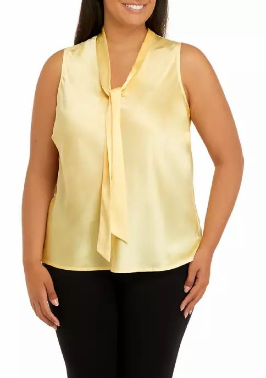 Women * | Cheap Kasper Plus Size Sleeveless Tie Front Solid Blouse Pale Yellow