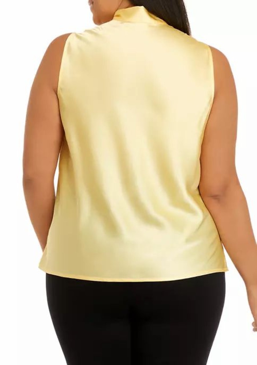 Women * | Cheap Kasper Plus Size Sleeveless Tie Front Solid Blouse Pale Yellow