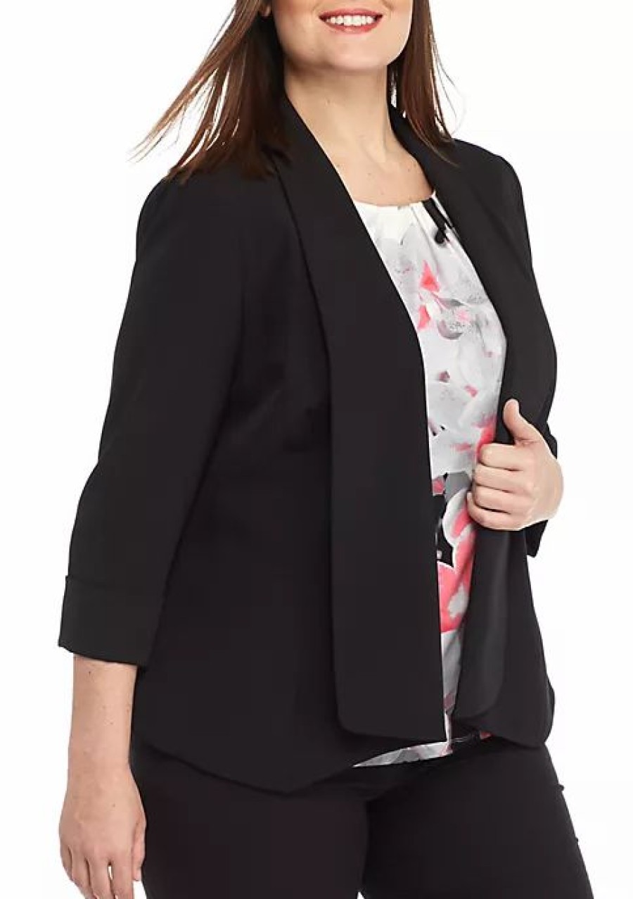 Women * | Outlet Kasper Plus Size Shawl Collar Flyaway Jacket Black